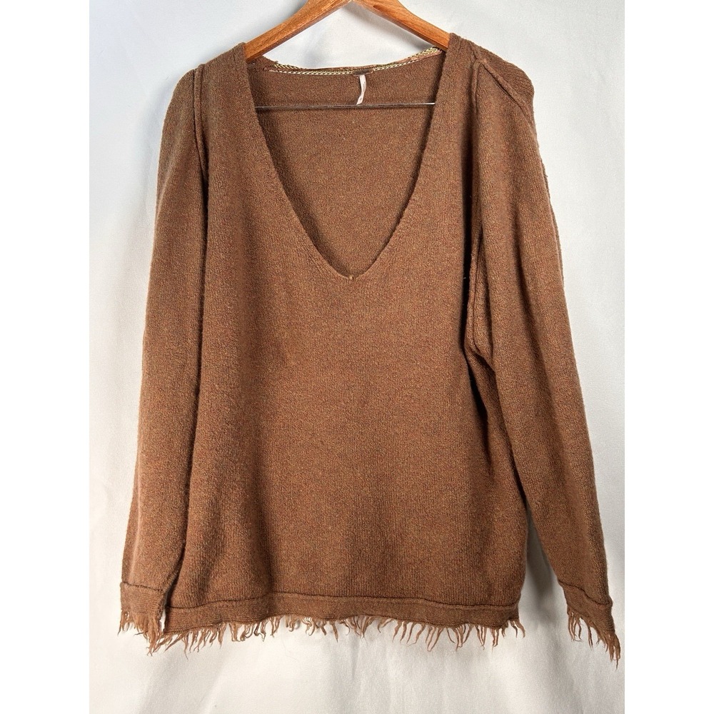 Free People Sweater Womens Small Brown Wool V-Neck Frayed Edge Pullover